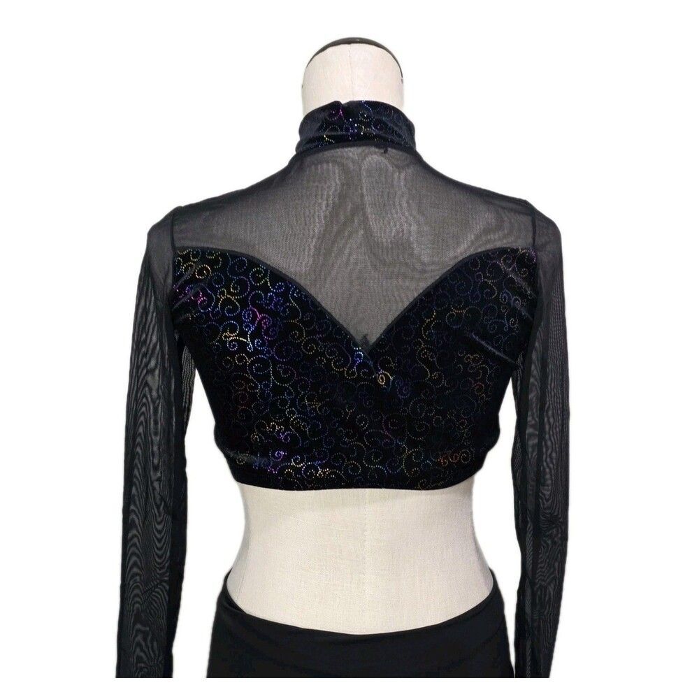Body Wrappers VTG Mesh Velvet LS Mock Neck Dance Midriff Bling Top Size Adult L - Picture 8 of 16